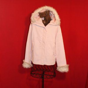 Soft & Warm Pink Corduroy Hooded Jacket with Fur Trim